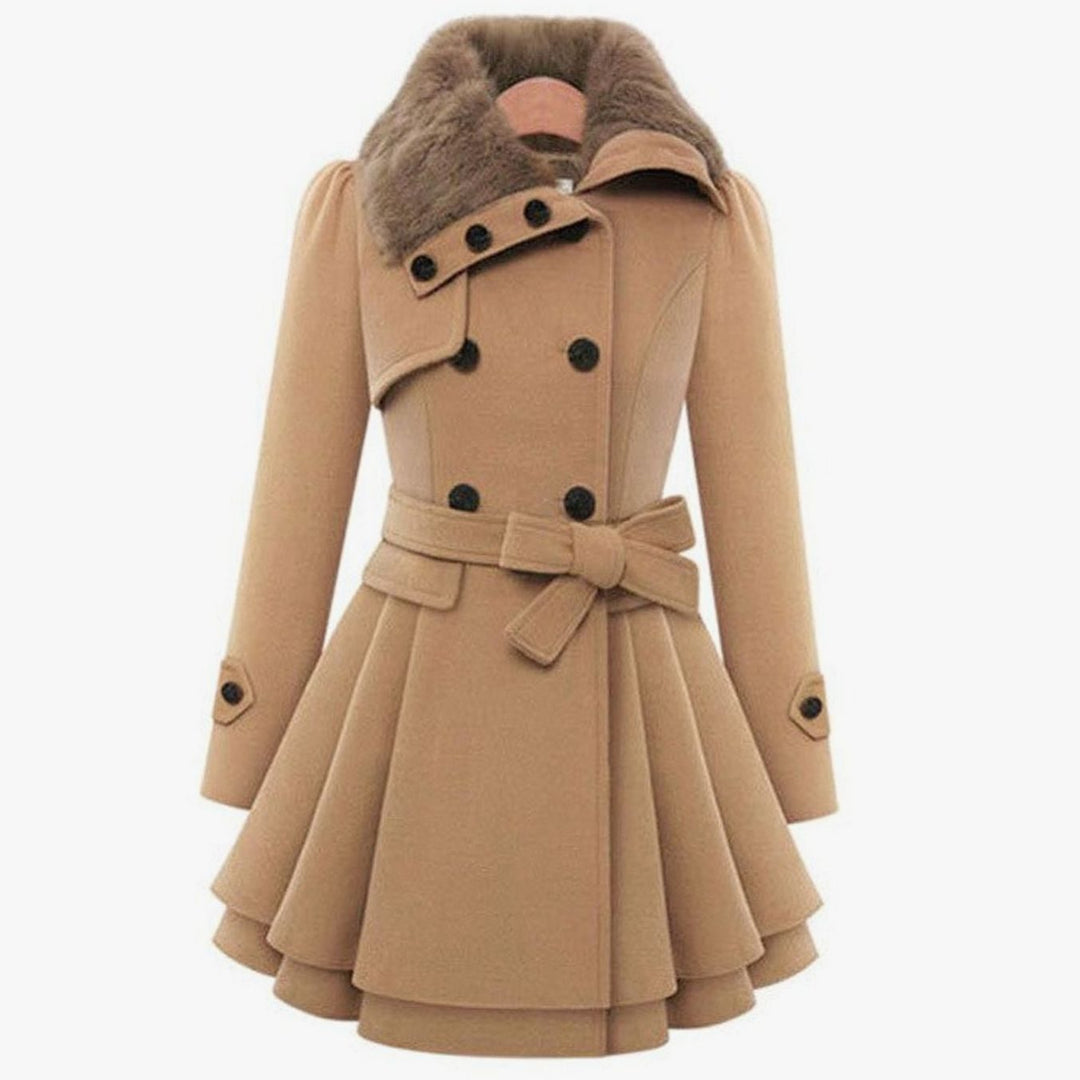 Women's Camel Wool Coat Double-Breasted Faux Fur Collar Belted Skater - Camel