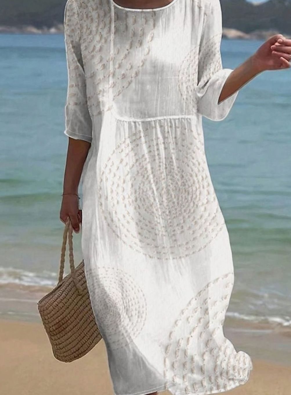 Women's Casual Loose Midi Crew-Neck Textured 3/4 Sleeve Dress
