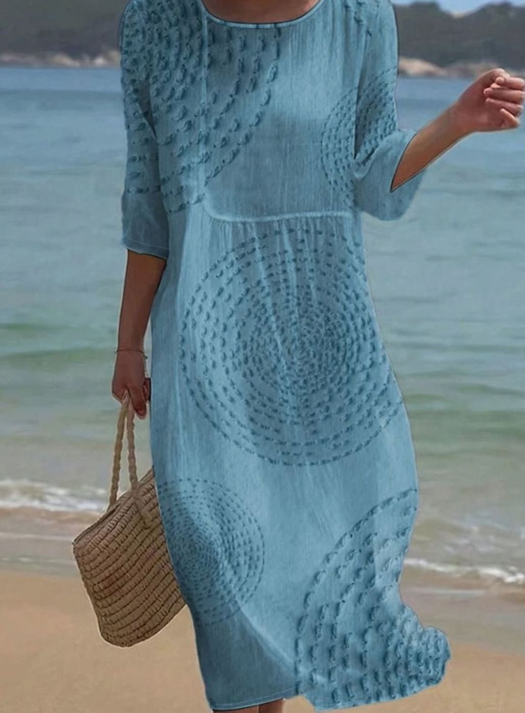 Women's Casual Loose Midi Crew-Neck Textured 3/4 Sleeve Dress