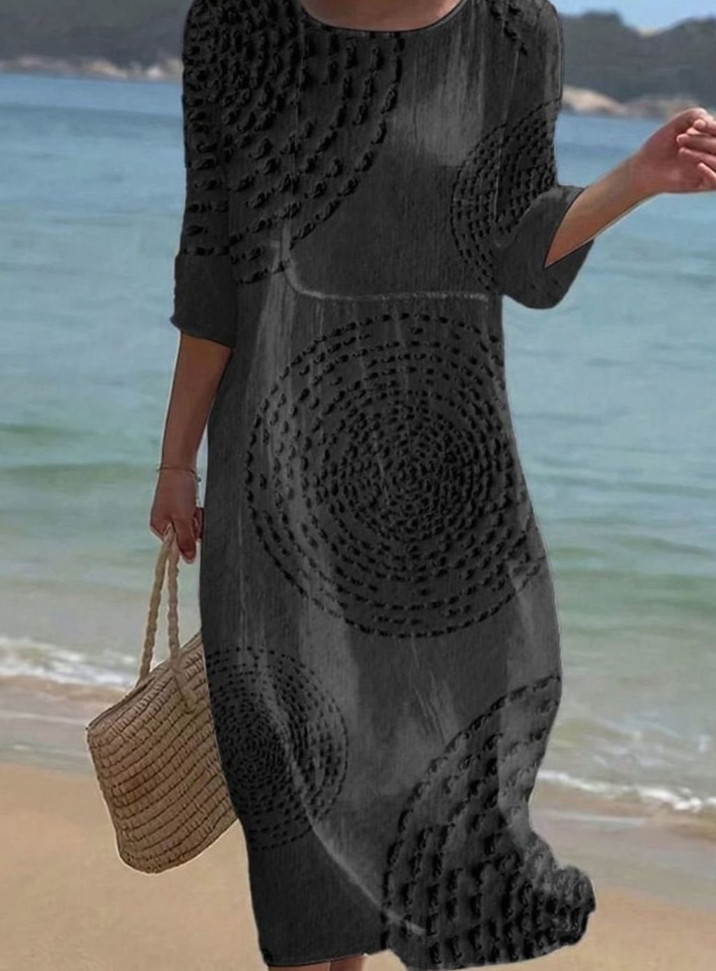 Women's Casual Loose Midi Crew-Neck Textured 3/4 Sleeve Dress