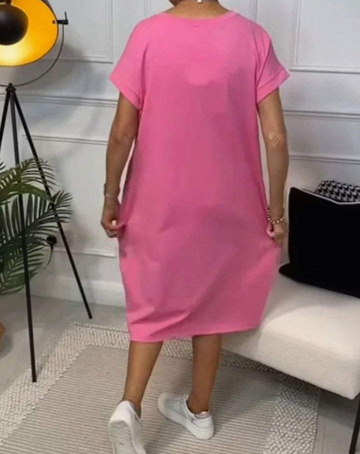 Women's Casual Loose Short-Sleeve Pocketed Midi Dress