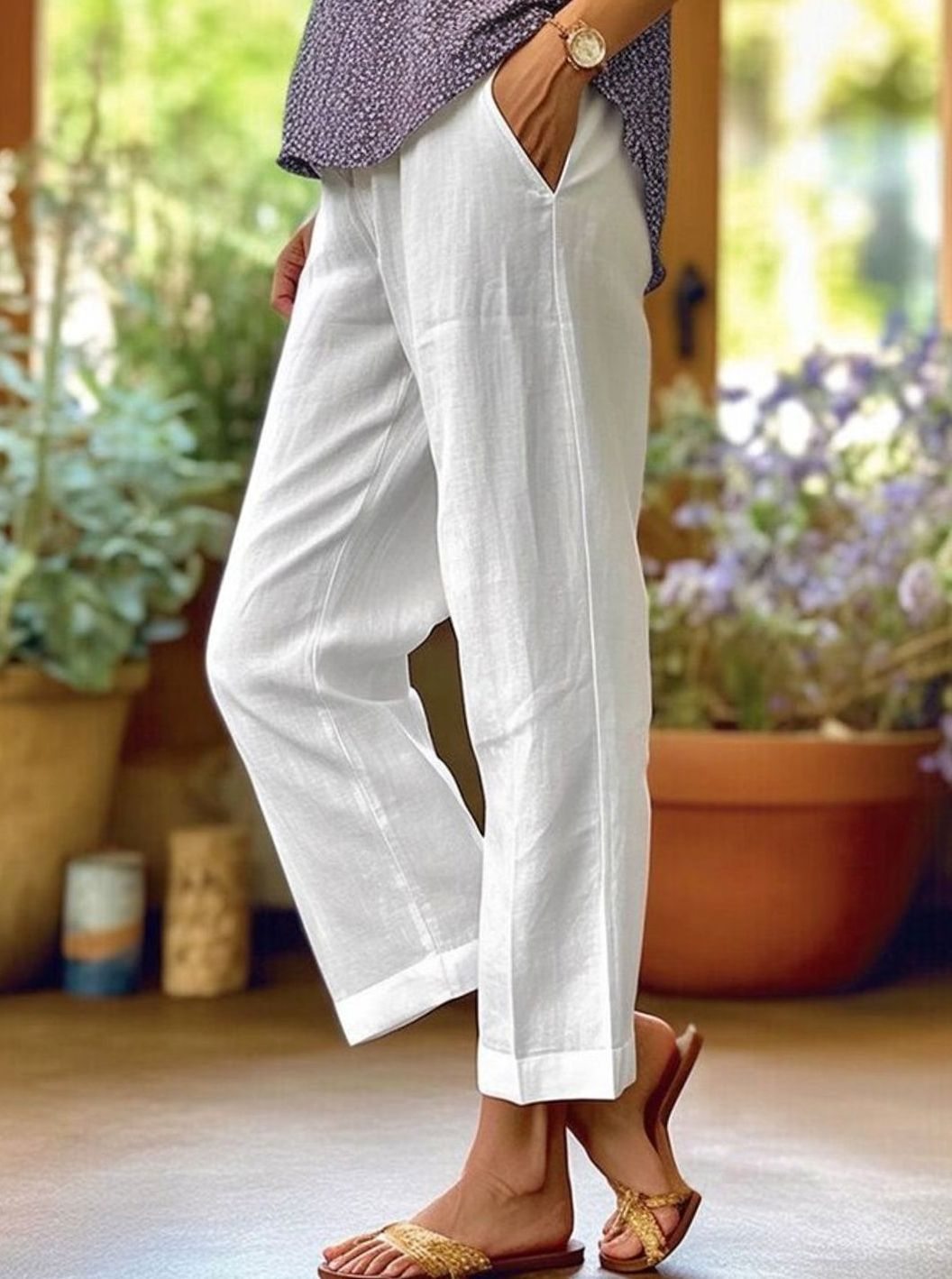 Women's Casual Straight-Leg Cropped Trousers with Pockets