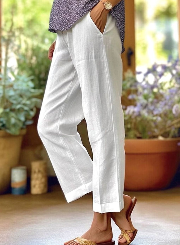 Women's Casual Straight-Leg Cropped Trousers with Pockets - White