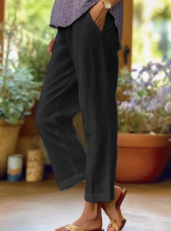 Women's Casual Straight-Leg Cropped Trousers with Pockets - Black