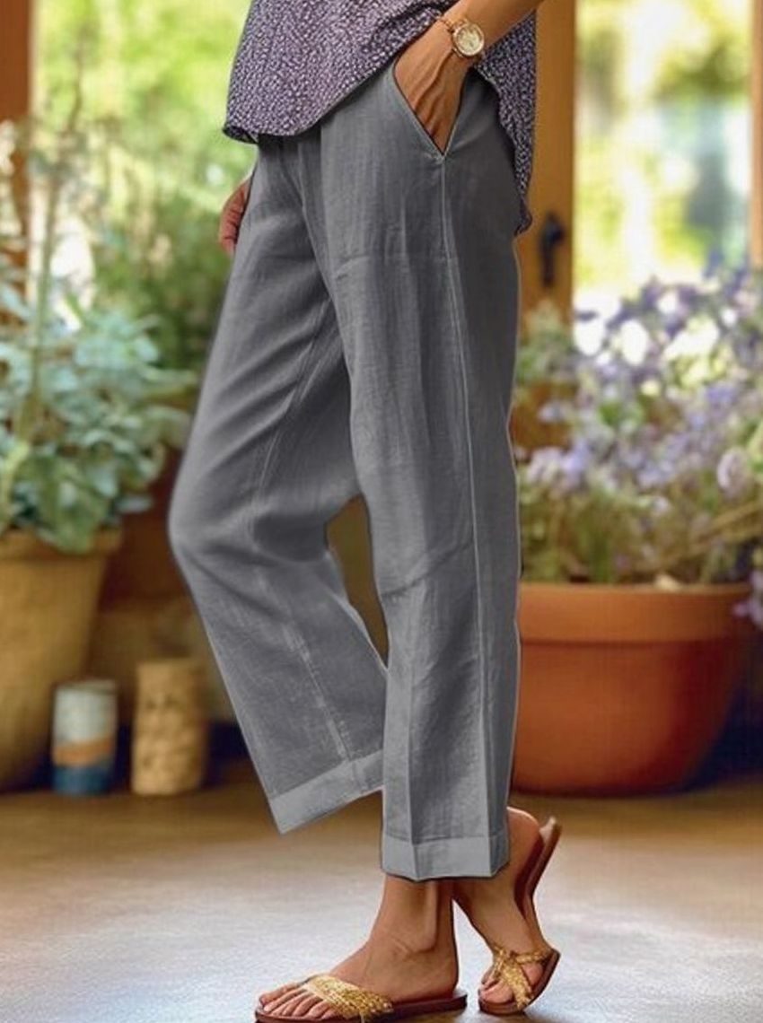 Women's Casual Straight-Leg Cropped Trousers with Pockets - Grey