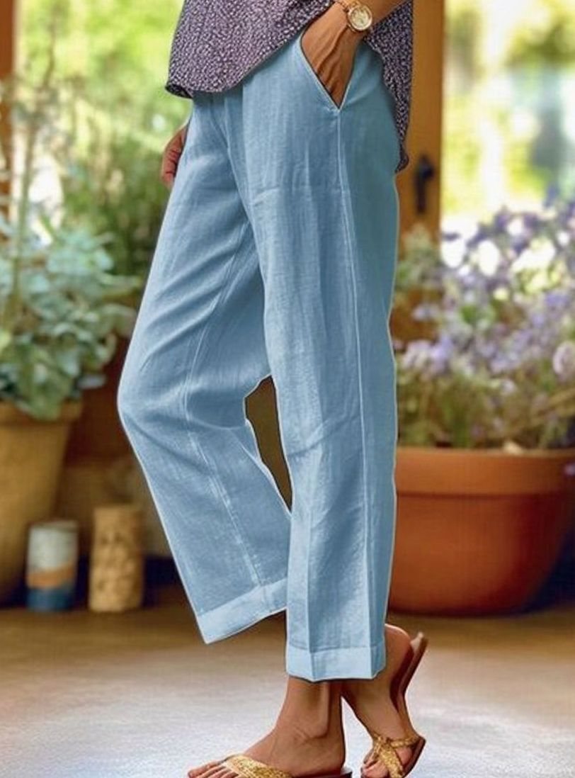Women's Casual Straight-Leg Cropped Trousers with Pockets - Blue