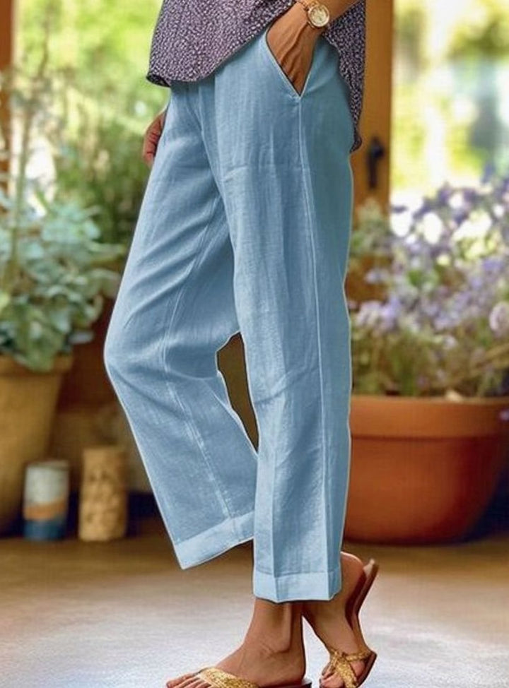 Women's Casual Straight-Leg Cropped Trousers with Pockets - Blue