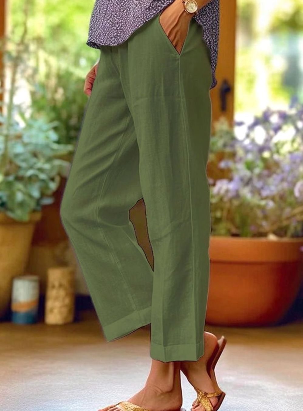 Women's Casual Straight-Leg Cropped Trousers with Pockets - Green