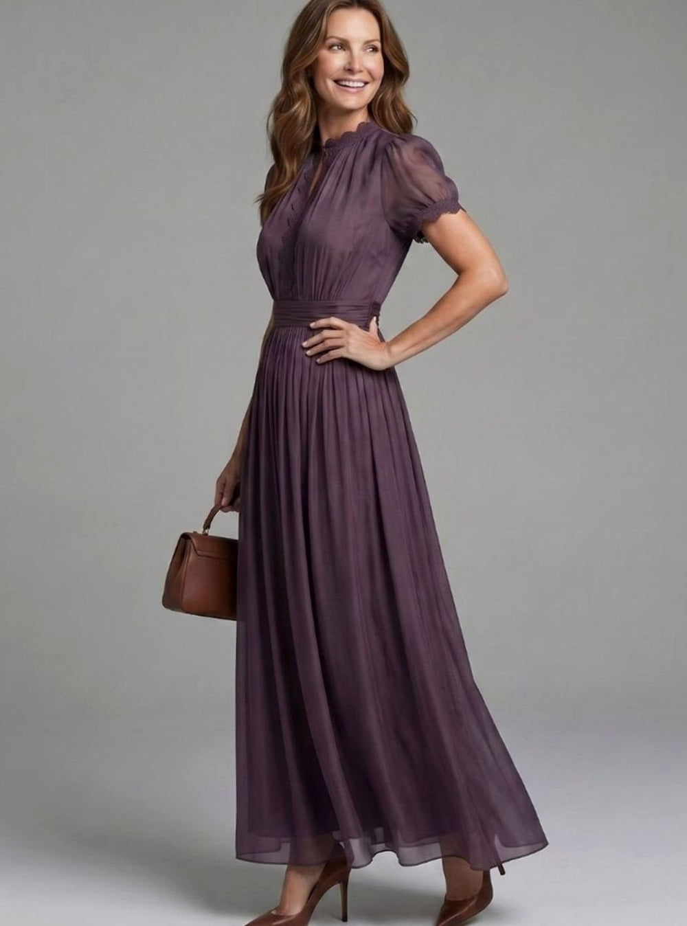 Women's Chiffon Keyhole Maxi Dress Gathered Waist Puff Sleeves