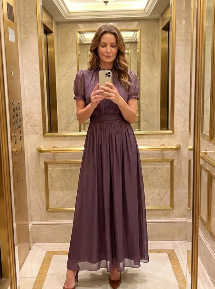 Women's Chiffon Keyhole Maxi Dress Gathered Waist Puff Sleeves