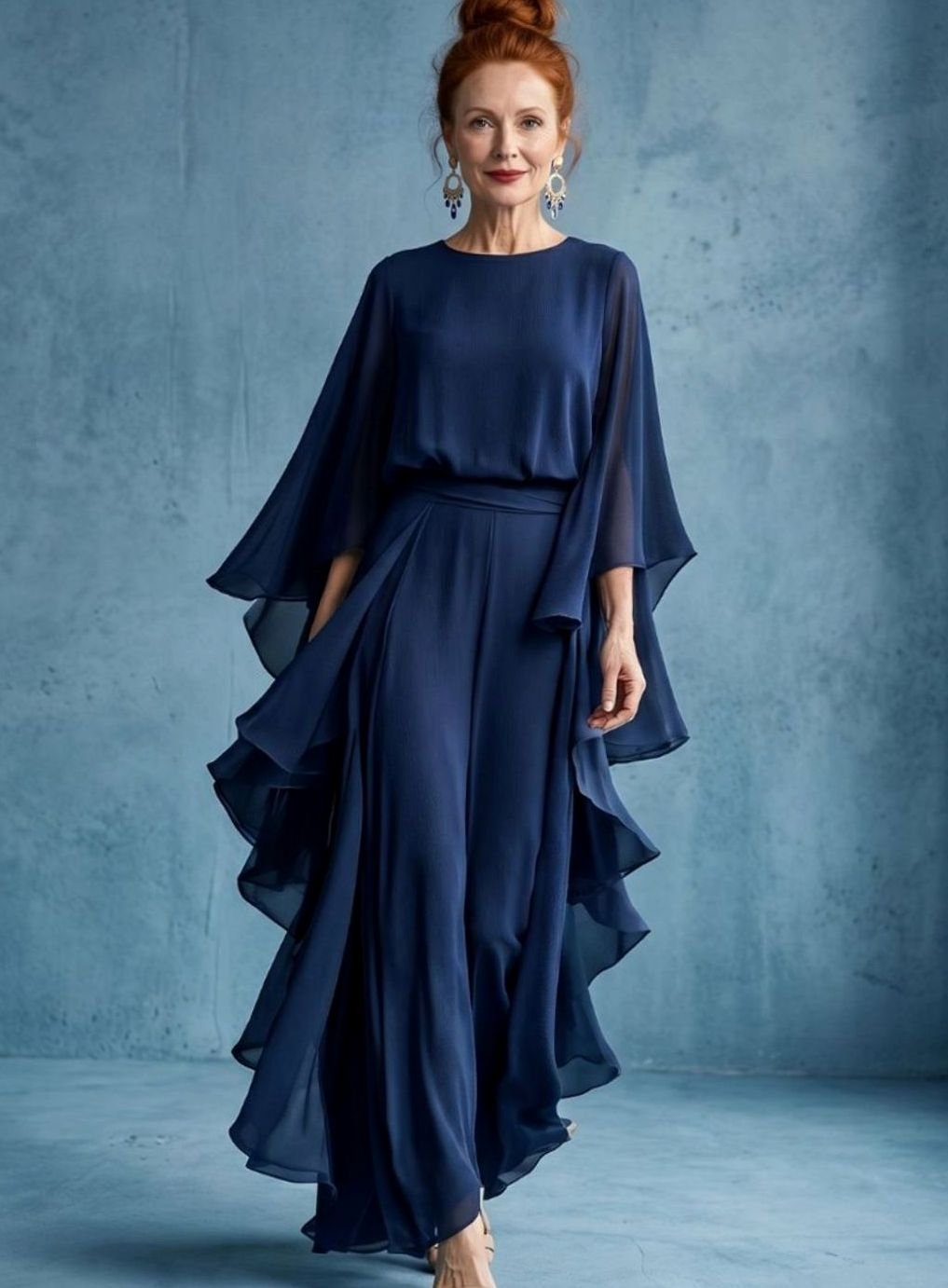 Women's Chiffon Layered-Sleeve Drape-Waist Midi Dress