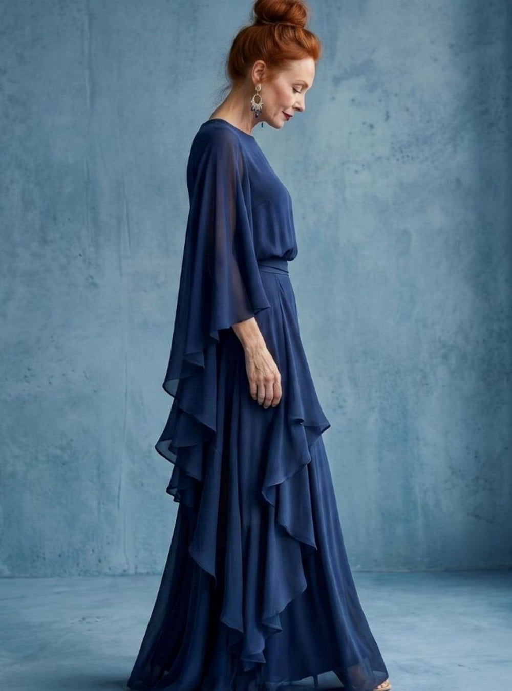 Women's Chiffon Layered-Sleeve Drape-Waist Midi Party Dress