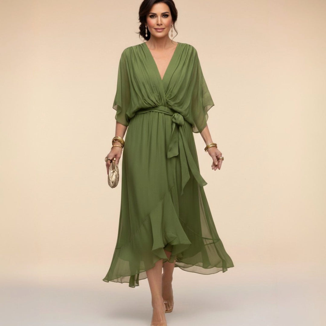 Women's Chiffon V-Neck Belted Midi Dress - Green