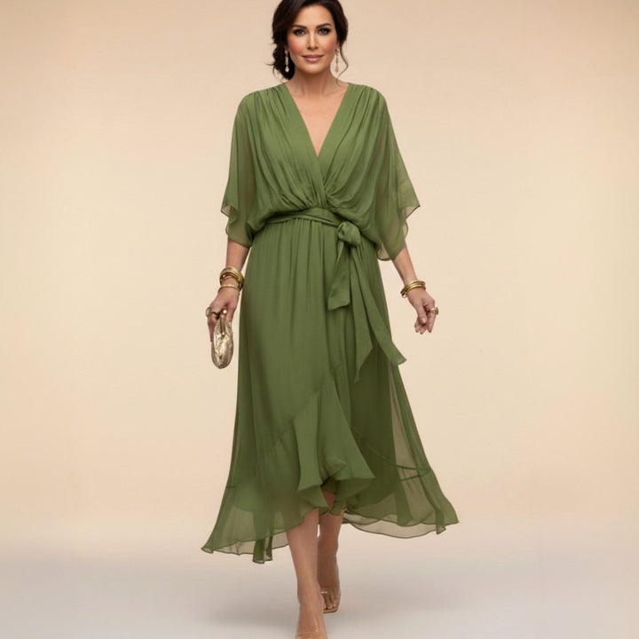 Women's Chiffon V-Neck Belted Midi Dress - Green