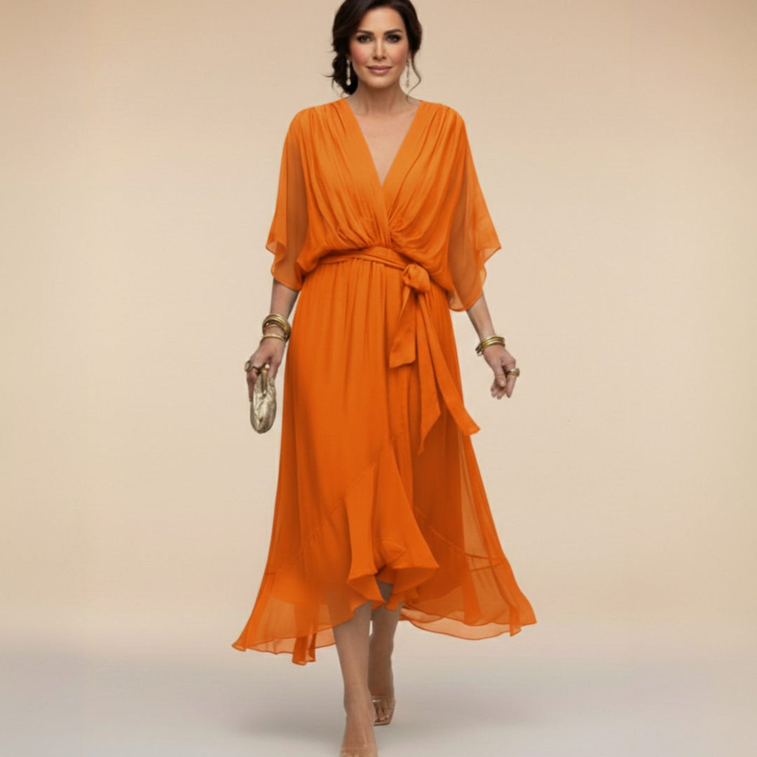 Women's Chiffon V-Neck Belted Midi Dress - Orange
