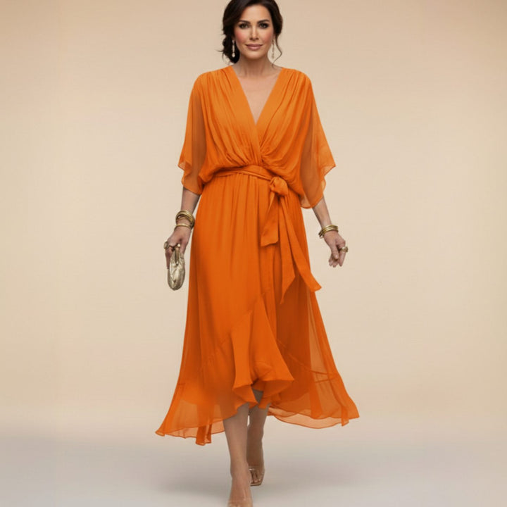 Women's Chiffon V-Neck Belted Midi Dress - Orange