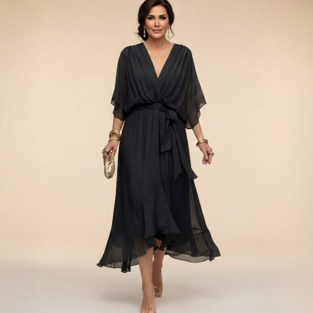 Women's Chiffon V-Neck Belted Midi Dress - Black