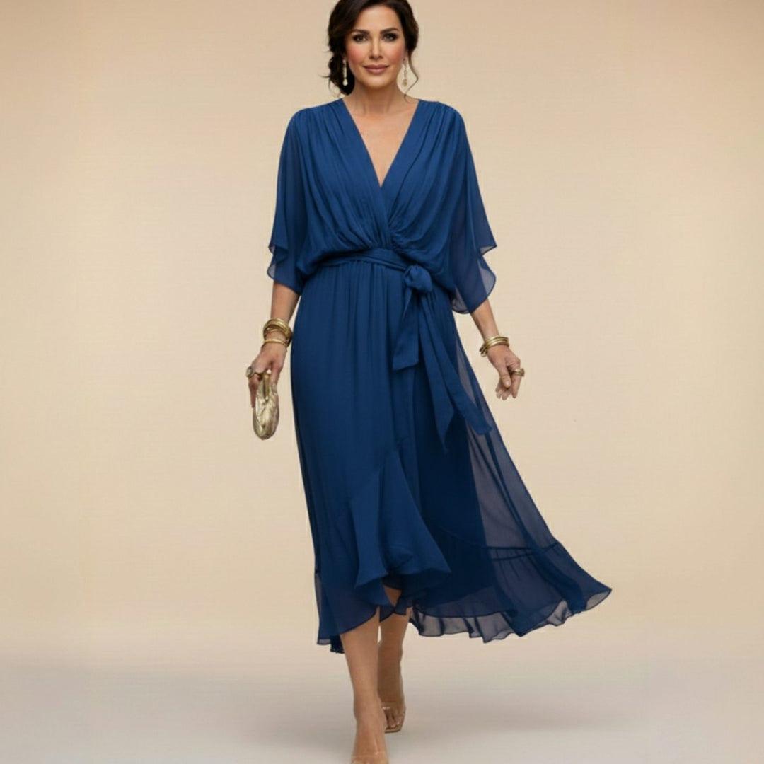 Women's Chiffon V-Neck Belted Midi Dress - Blue