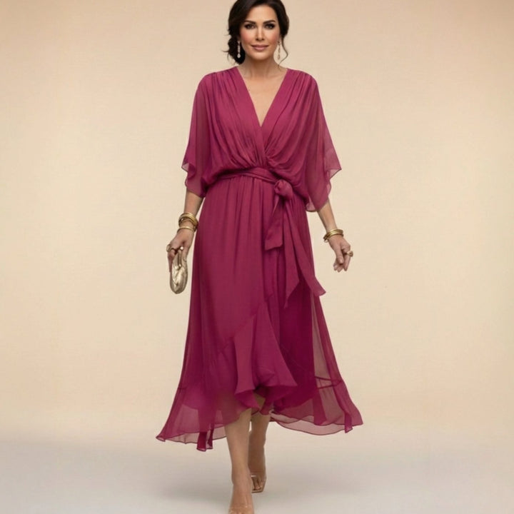 Women's Chiffon V-Neck Belted Midi Dress - Dark Purple