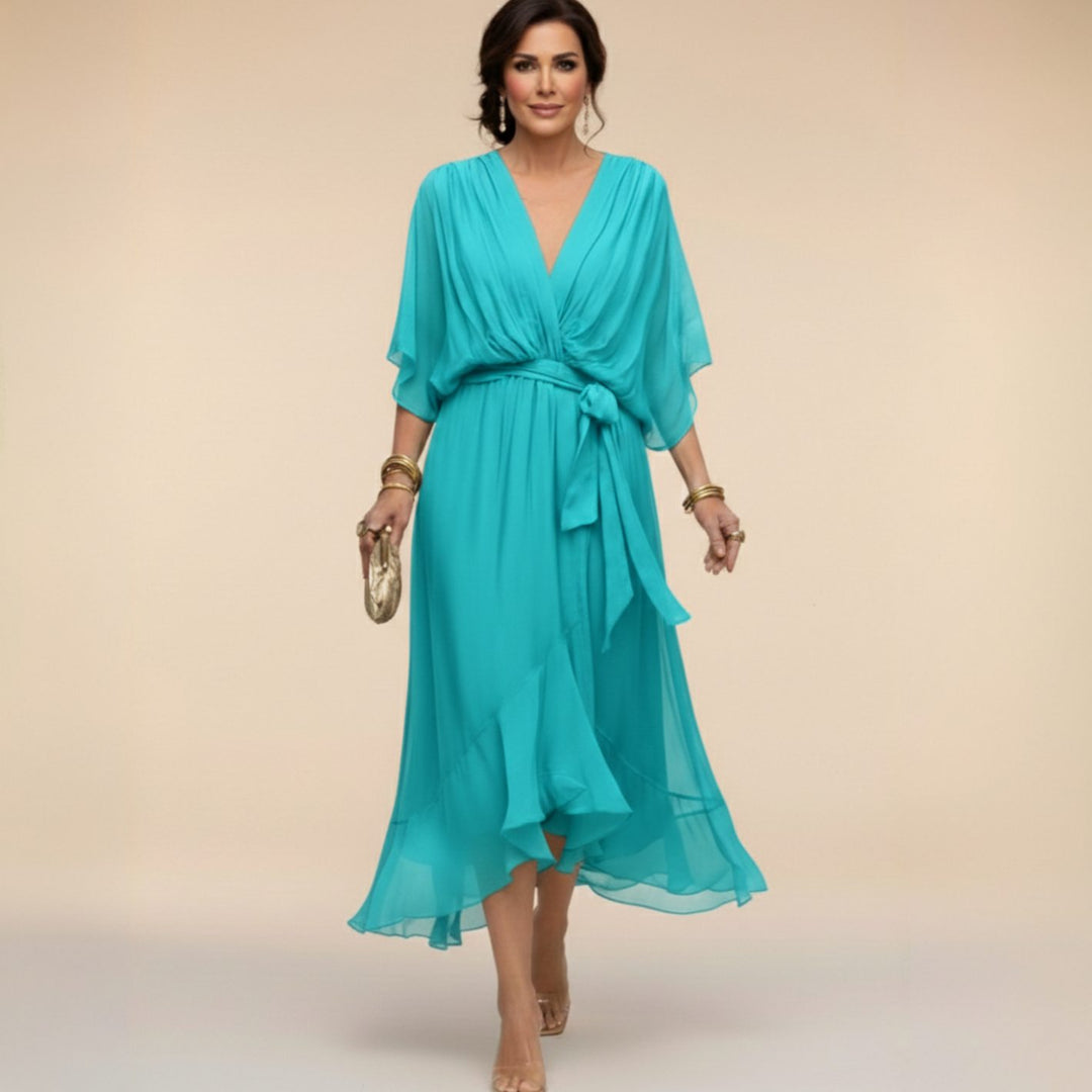 Women's Chiffon V-Neck Belted Midi Dress - Navy Blue