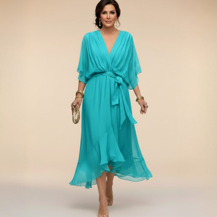 Women's Chiffon V-Neck Belted Midi Dress - Navy Blue