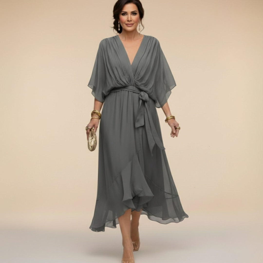 Women's Chiffon V-Neck Belted Midi Dress - Grey