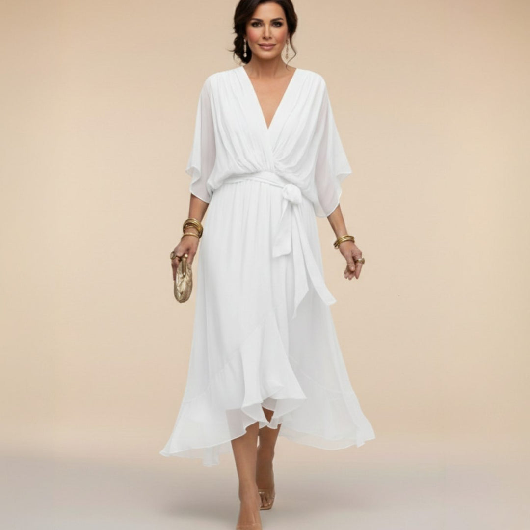 Women's Chiffon V-Neck Belted Midi Dress - White