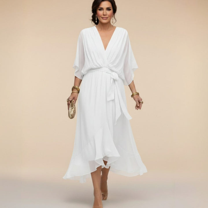 Women's Chiffon V-Neck Belted Midi Dress - White