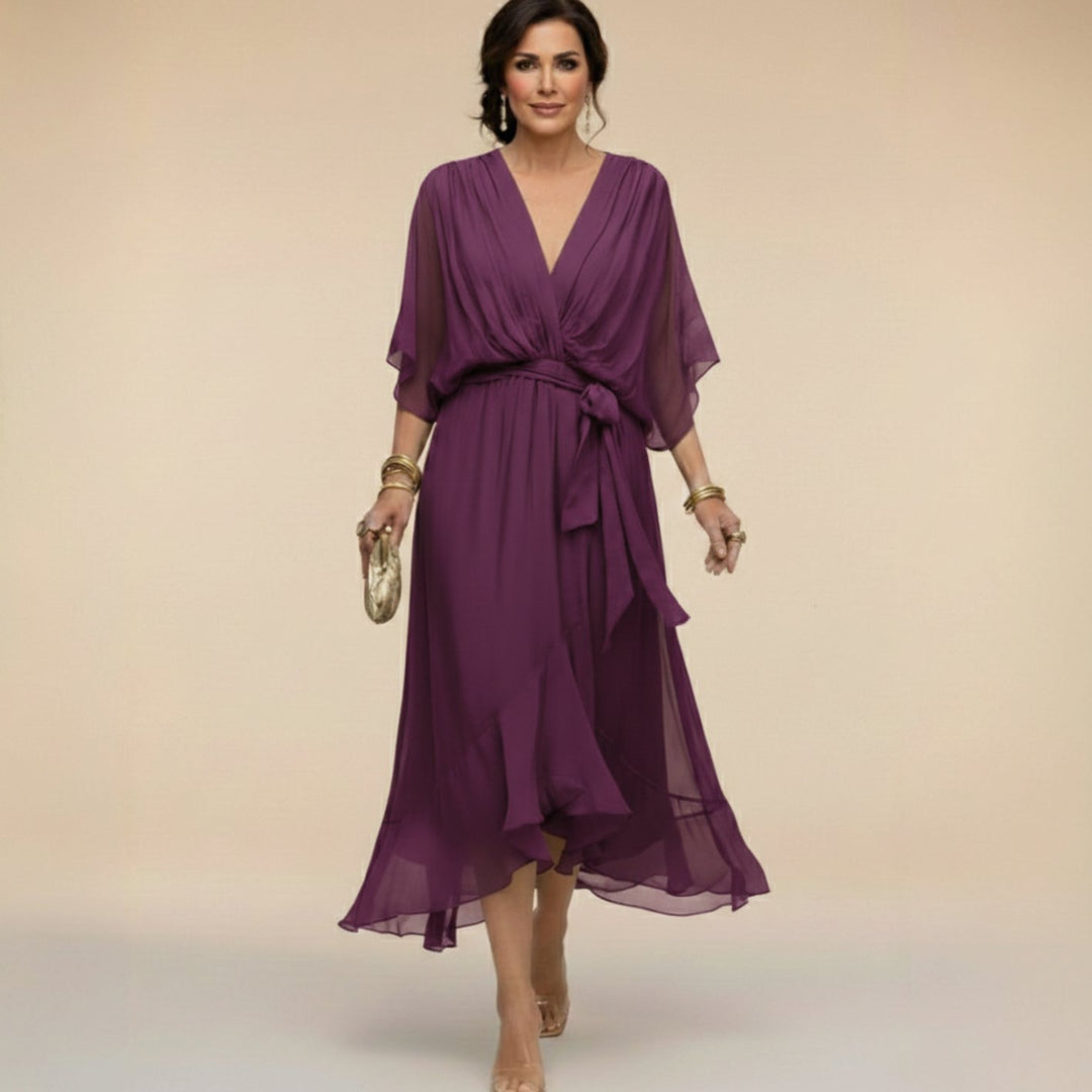 Women's Chiffon V-Neck Belted Midi Dress - Purple