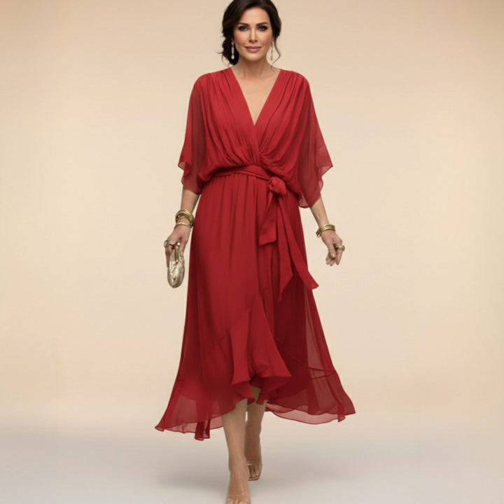 Women's Chiffon V-Neck Belted Midi Dress - Red