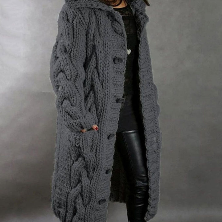 Women's Chunky Cable-Knit Hooded Button-Front Longline Cardigan Coat - Dark Grey