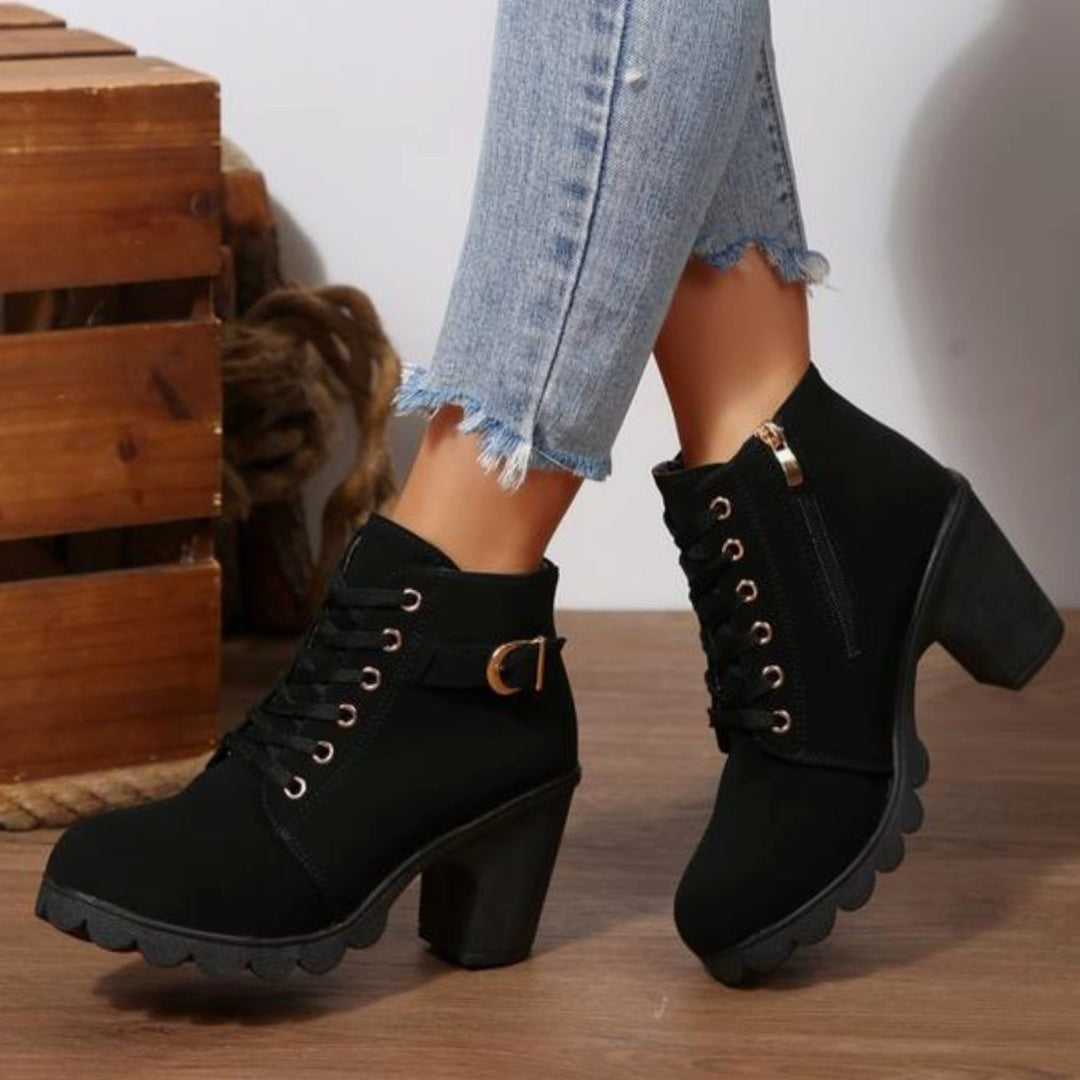 Women's Chunky Heel Lace-Up Buckle Ankle Boots - Black