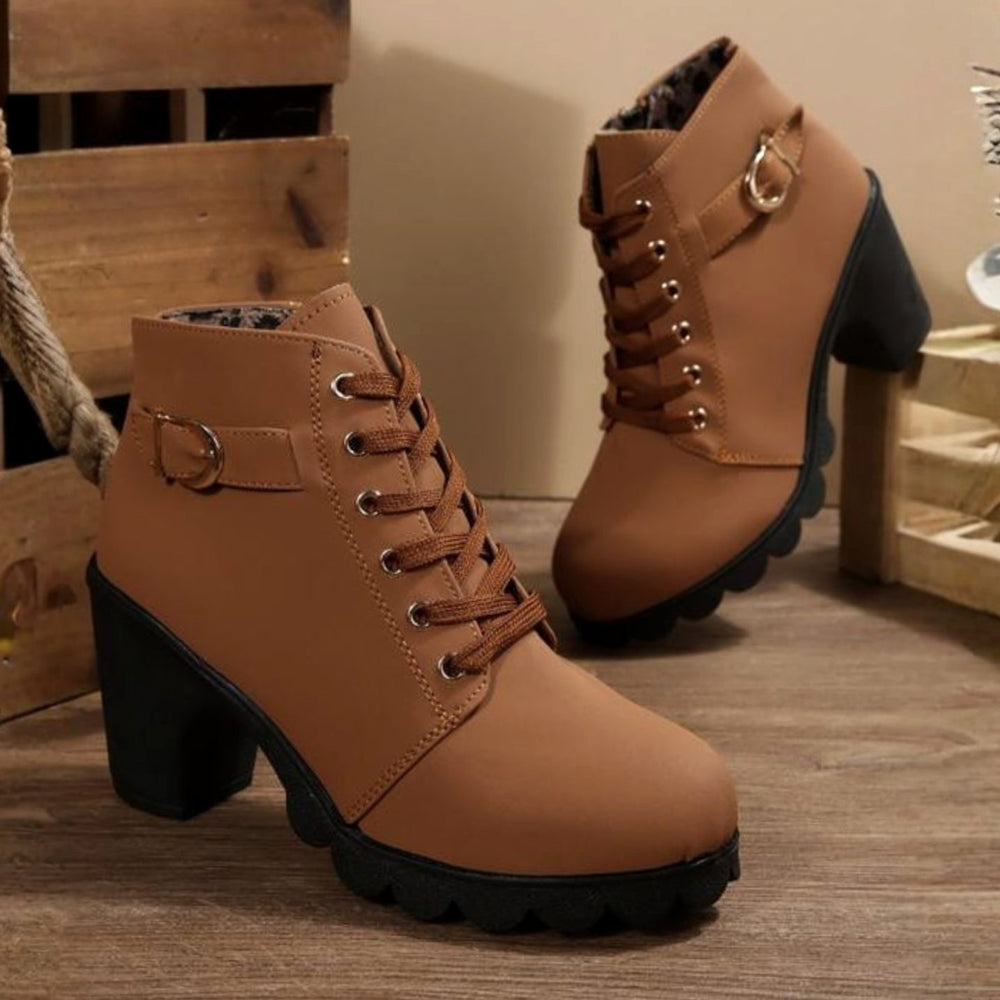 Women's Chunky Heel Lace-Up Buckle Ankle Boots - Brown