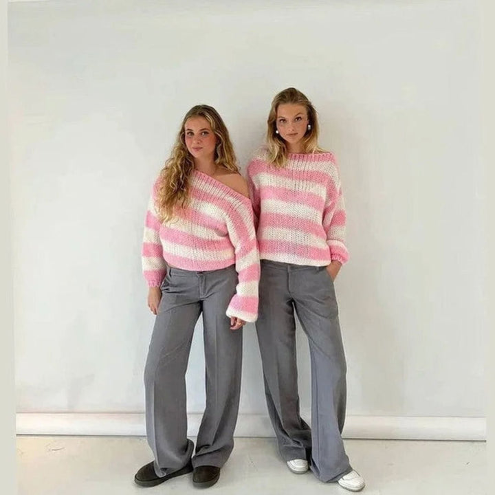 Women's Chunky Knit Striped Relaxed Crew Neck Jumper