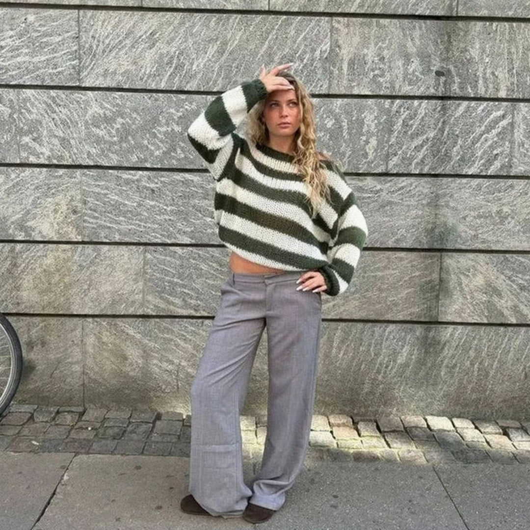 Women's Chunky Knit Striped Relaxed Crew Neck Jumper
