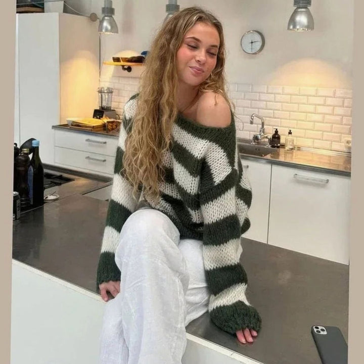 Women's Chunky Knit Striped Relaxed Crew Neck Jumper