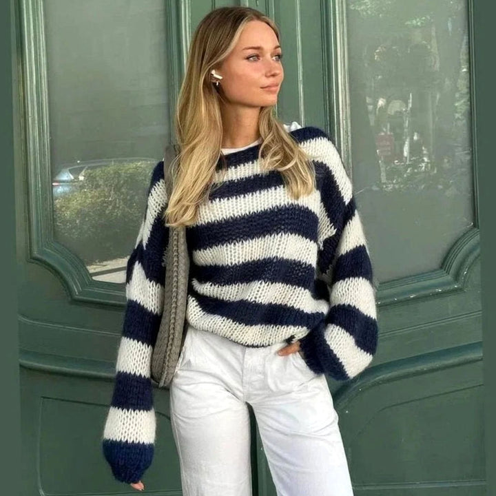 Women's Chunky Knit Striped Relaxed Crew Neck Jumper