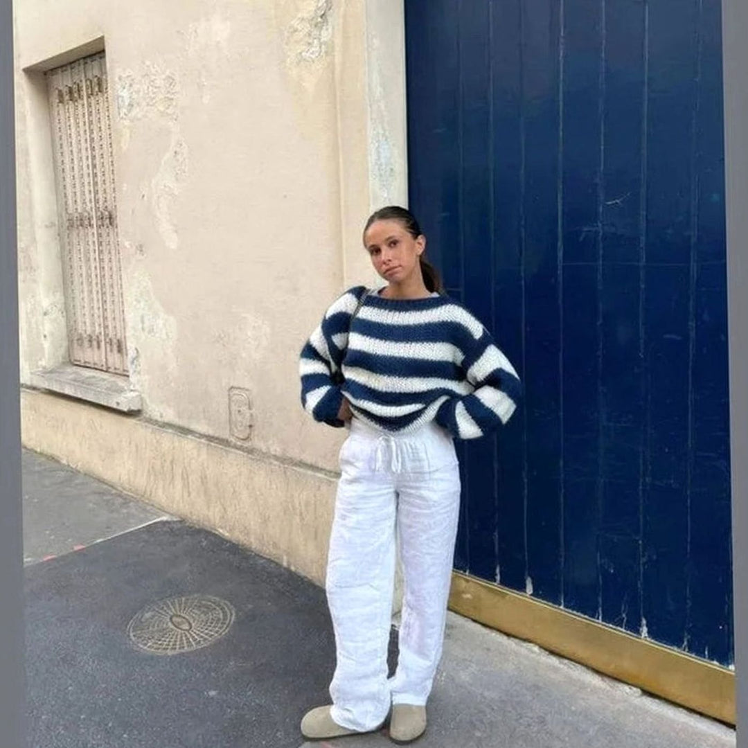 Women's Chunky Knit Striped Relaxed Crew Neck Jumper