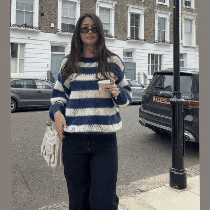 Women's Chunky Knit Striped Relaxed Crew Neck Jumper