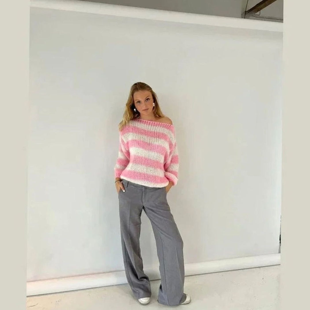 Women's Chunky Knit Striped Relaxed Crew Neck Jumper