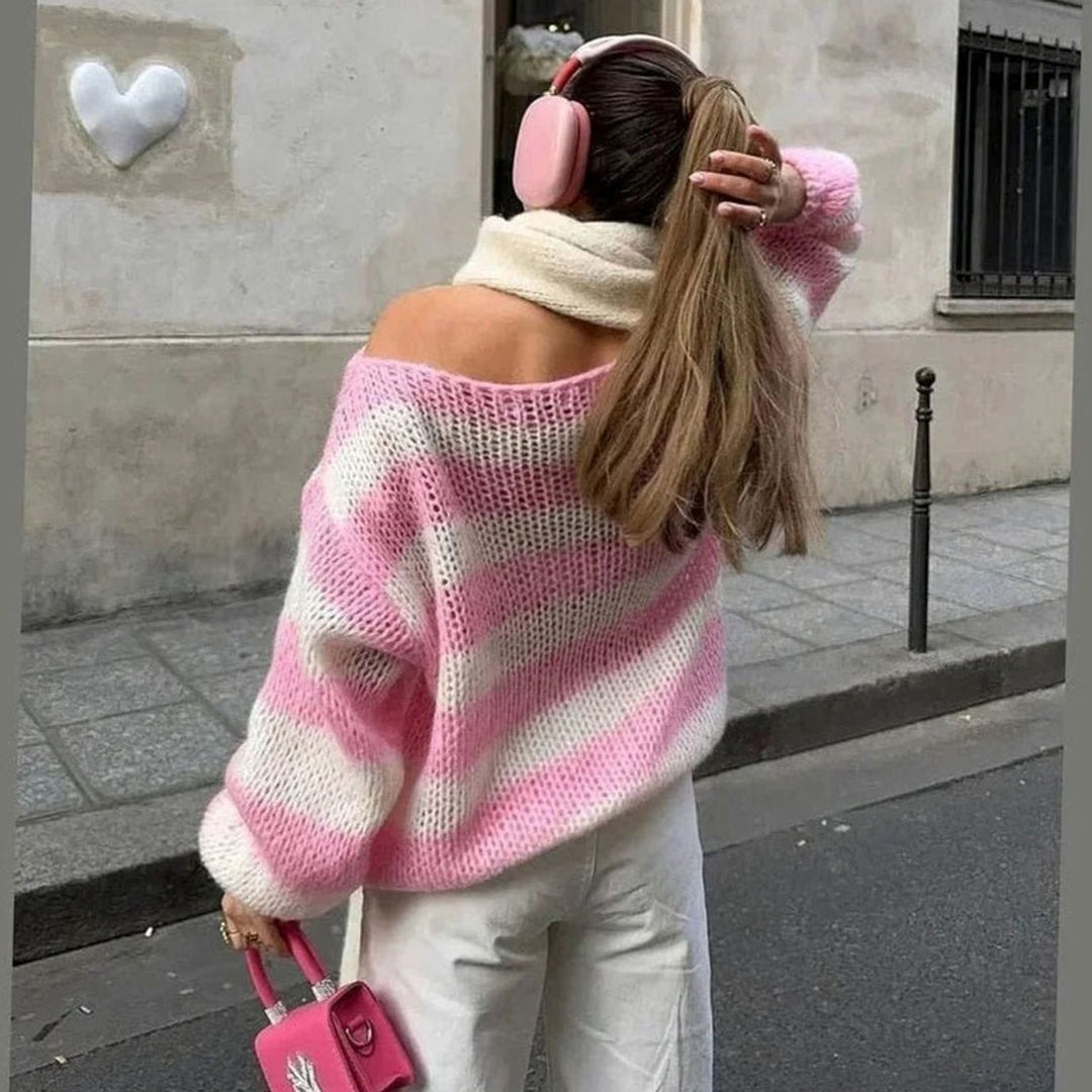 Women's Chunky Knit Striped Relaxed Crew Neck Jumper