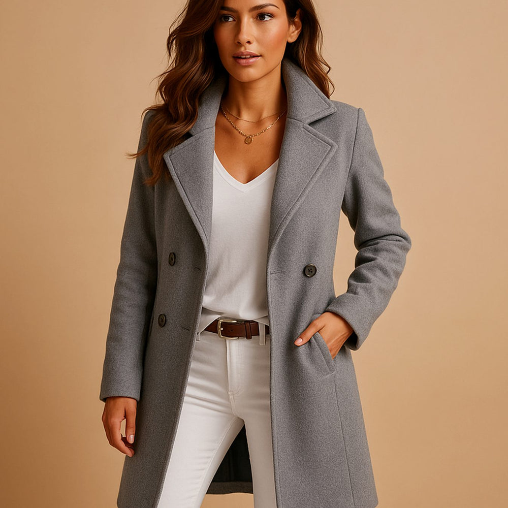 Women's Classic Lapel Wool Coat Slim Tailored Button-Front - Grey