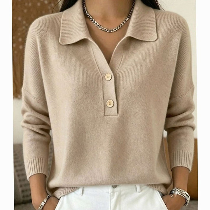 Women's Collared Button-Placket Knit Pullover Jumper - Khaki