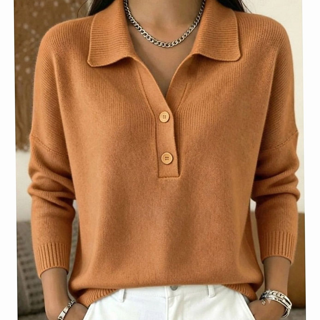 Women's Collared Button-Placket Knit Pullover Jumper - Light Brown