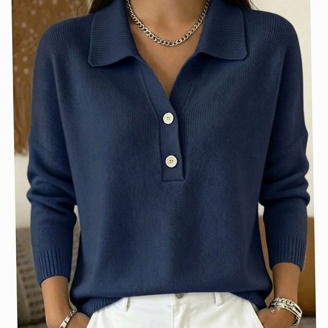Women's Collared Button-Placket Knit Pullover Jumper - Dark Blue