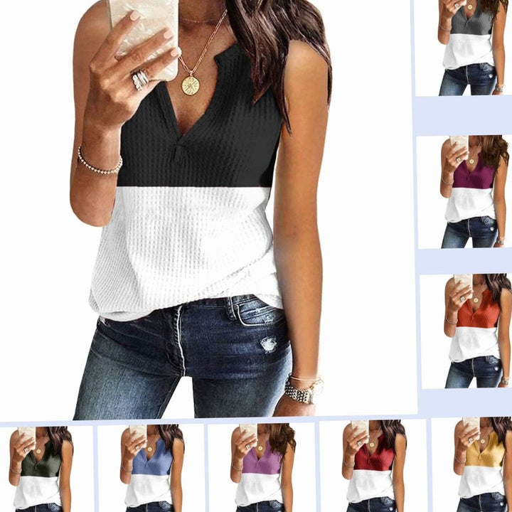 Women's Colour Block Sleeveless V-Neck Waffle Knit Tank Top