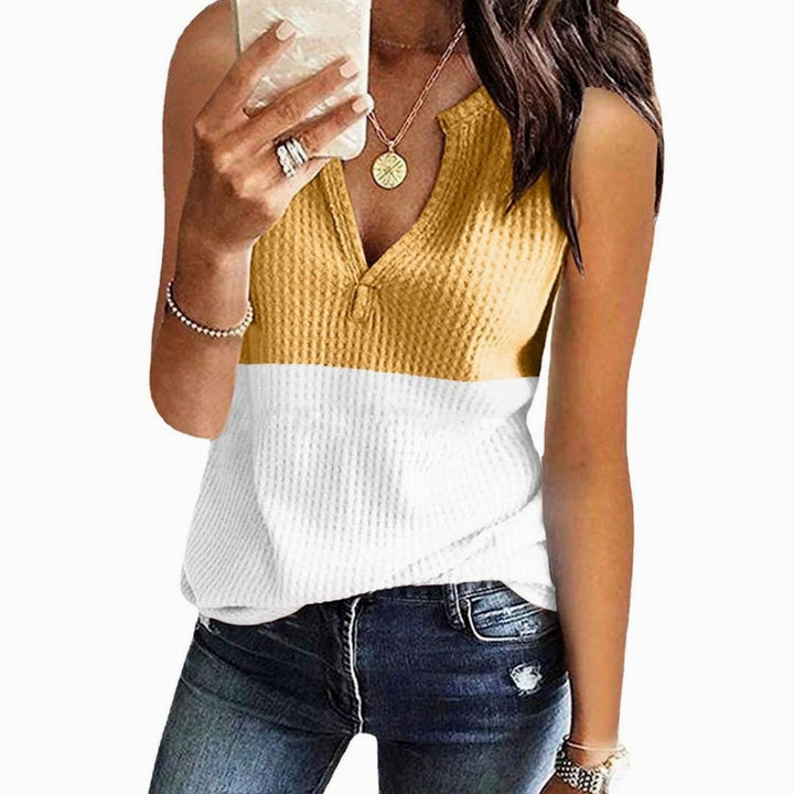 Women's Colour Block Sleeveless V-Neck Waffle Knit Tank Top
