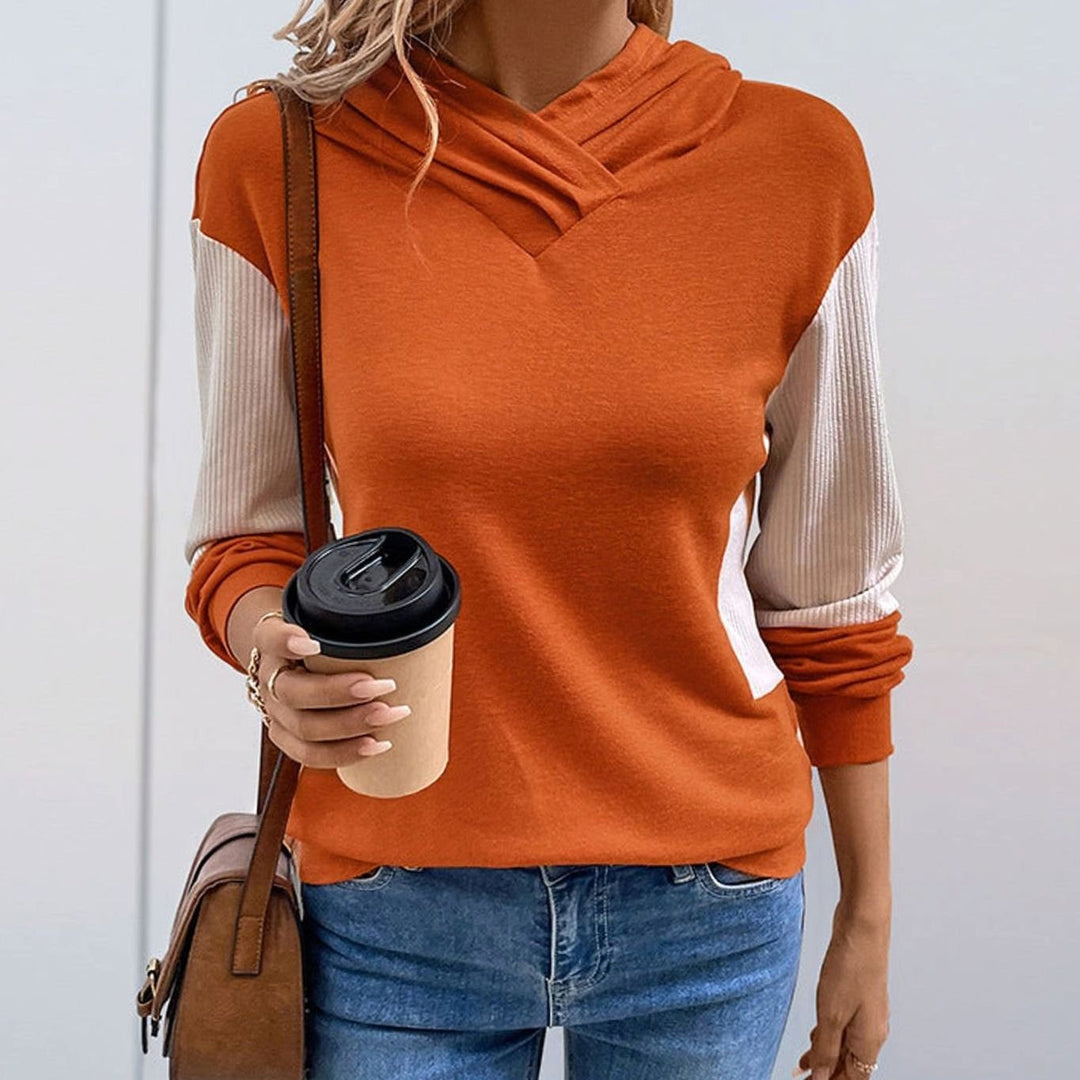 Women's Colour-Block V-Neck Hooded Pullover Sweatshirt
