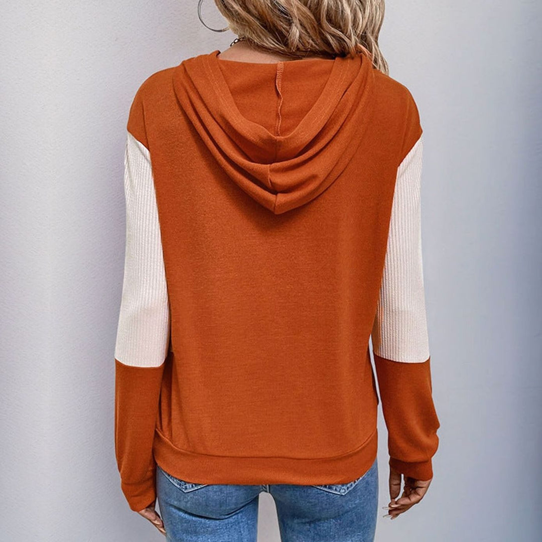 Women's Colour-Block V-Neck Hooded Pullover Sweatshirt