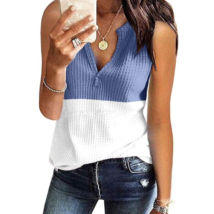Women's Colour-Block V-Neck Sleeveless Waffle-Knit Top